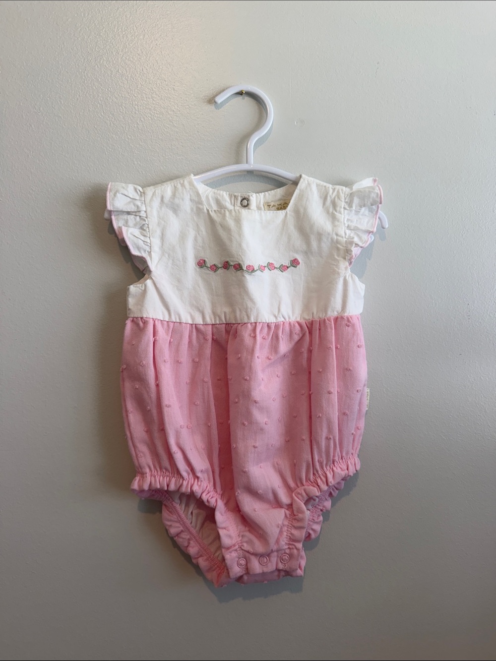 Pink and White Baby Romper with Floral Embroidery